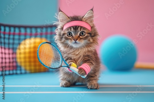 Fluffy cat in tennis outfit with headband, wristbands, and miniature racket on small tennis court, playful studio shot.

