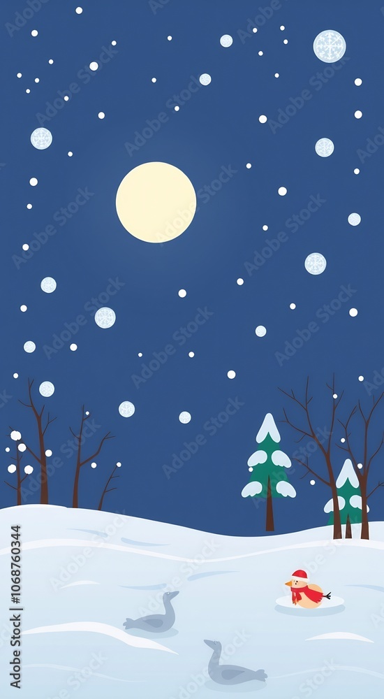 Winter night scene with a snowman and geese on snowy ground. Winter night scene with a snowman and geese on snowy ground.