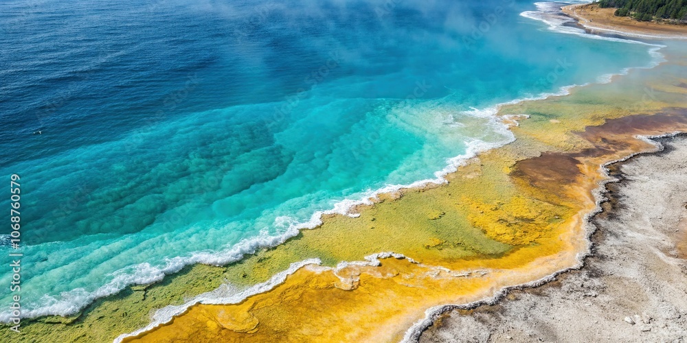 Obraz premium Blue teal and yellow tan watercolor strokes blending together in a stunning natural scene, natural beauty, earthy colors, watercolor landscape, calming scenery, serene environment