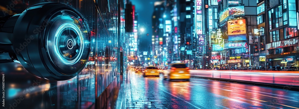 A futuristic city street scene with advanced security cameras and AI technology monitoring activity A futuristic city street scene with advanced security cameras and AI technology monitoring activity