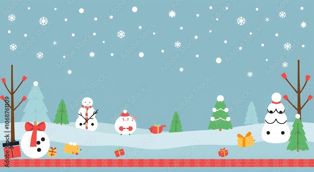 Cute snowmen, a bird, and a snowman Christmas tree in a snowy winter landscape with red presents. Cute snowmen, a bird, and a snowman Christmas tree in a snowy winter landscape with red presents.