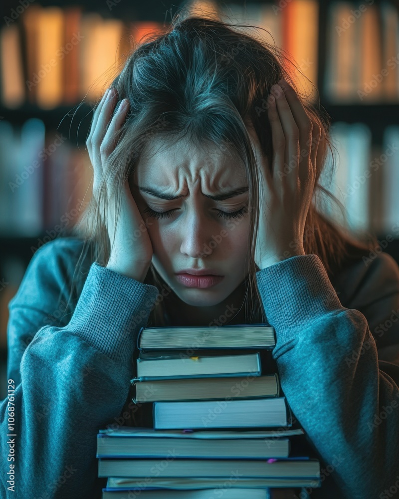 Person holding stack of textbooks, looking stressed and exhausted while studying for exams.