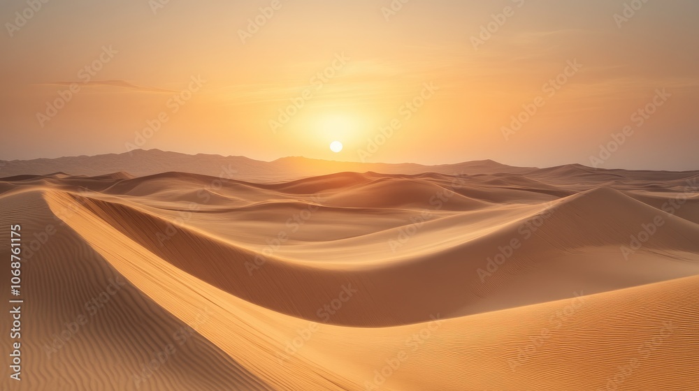 Serene Sunset Over Sand Dunes in Desert Landscape Serene Sunset Over Sand Dunes in Desert Landscape