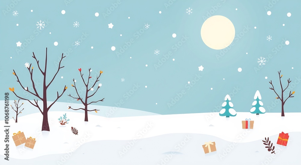 Winter wonderland with snow falling and presents under bare trees.