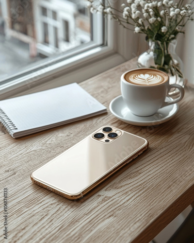 Mockup of golden case mobile phone with copy space on wooden table by window. Coffee, notebook and flowers in vase.