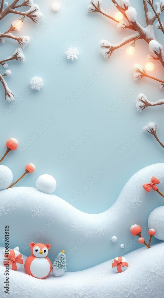 Festive winter scene with a cute cartoon animal, a small Christmas tree, snow, and a snowy branch with twinkling lights. Festive winter scene with a cute cartoon animal, a small Christmas tree, snow, and a snowy branch with twinkling lights.