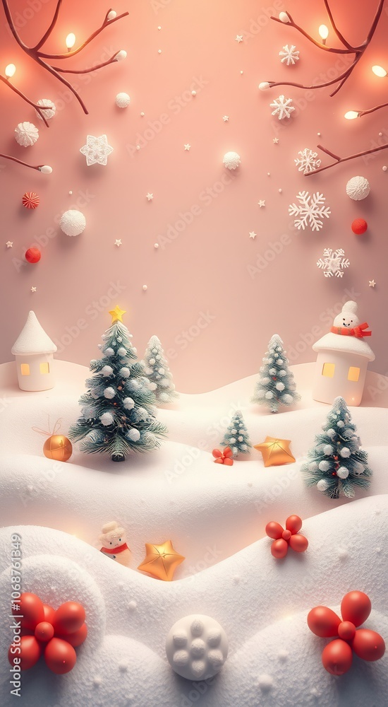 Festive Christmas winter wonderland with snow covered trees, houses, snowballs, and baubles in a soft pink background.