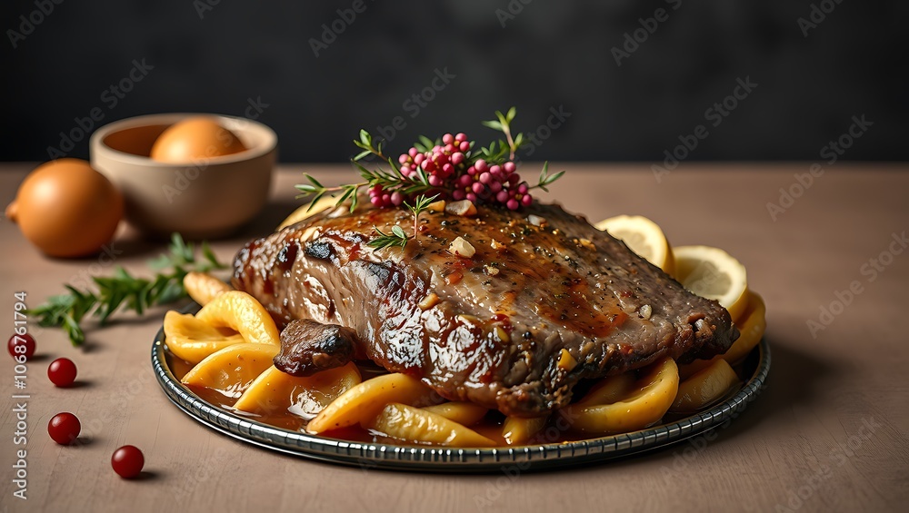 Traditional braised marinated German Sauerbraten dish from beef with spicy brown sauce Traditional braised marinated German Sauerbraten dish from beef with spicy brown sauce