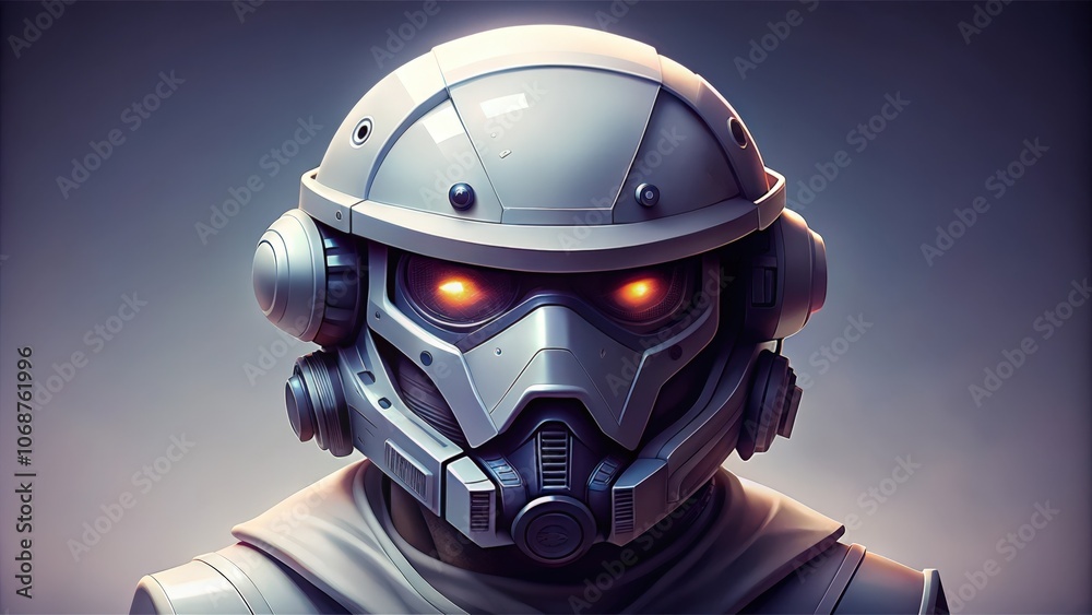 A Close-Up Portrait of a Futuristic Soldier Wearing a White Helmet with Glowing Eyes A Close-Up Portrait of a Futuristic Soldier Wearing a White Helmet with Glowing Eyes