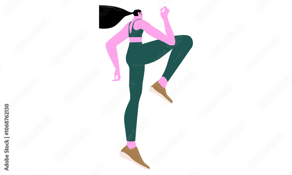 Fototapeta premium Female runner jogging. Active woman profile, running, exercising for cardio endurance. Healthy girl jogger workout, doing sport, training. Flat vector illustration isolated on white background