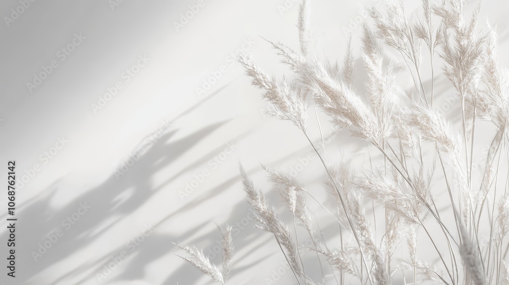 Dried pampas grass casting a shadow on a white wall, minimalist style. Dried pampas grass casting a shadow on a white wall, minimalist style.