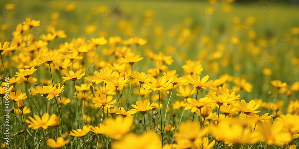 Fototapeta premium Field of golden cosmos flowers with a slight breeze, causing the delicate petals to sway gently, blooming flowers, outdoor scene