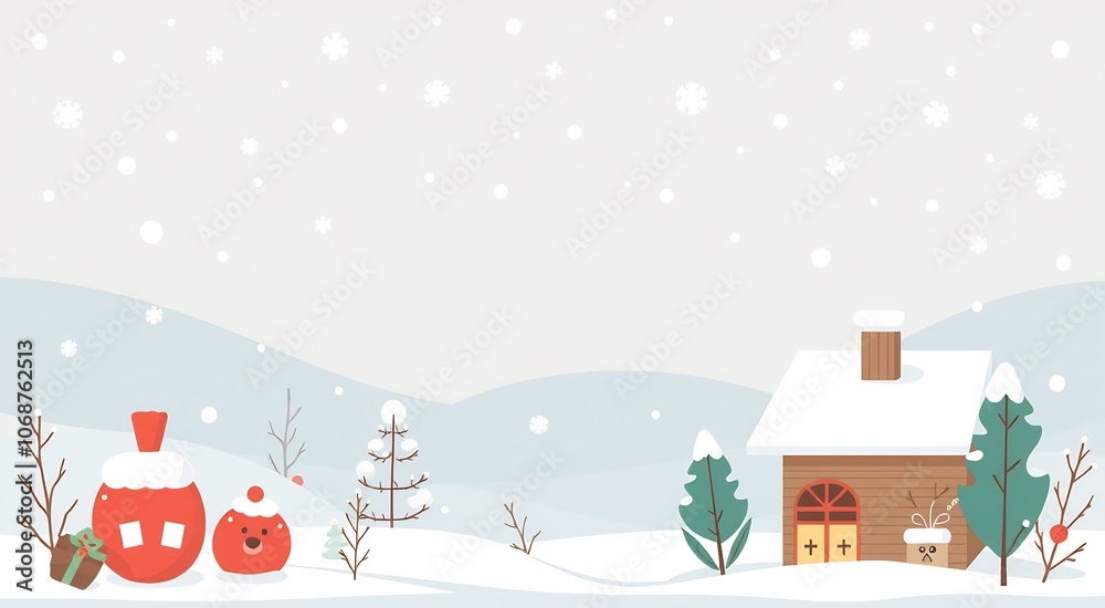 Festive winter scene with a snow-covered house, Christmas presents, and falling snow. Festive winter scene with a snow-covered house, Christmas presents, and falling snow.