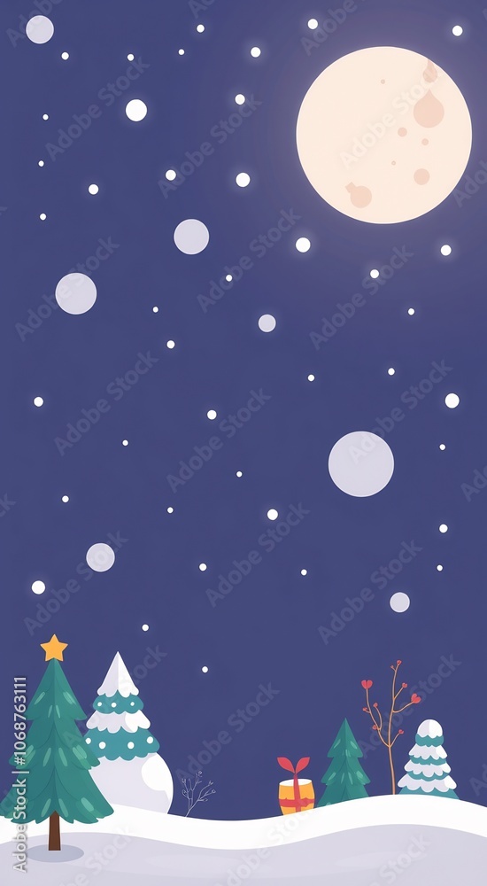 Nighttime winter scene with a full moon, snow falling, and a snowy landscape. Nighttime winter scene with a full moon, snow falling, and a snowy landscape.