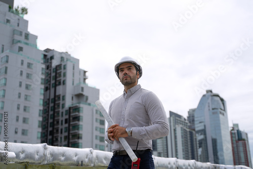 Engineer is working on the rooftop of high rise building.