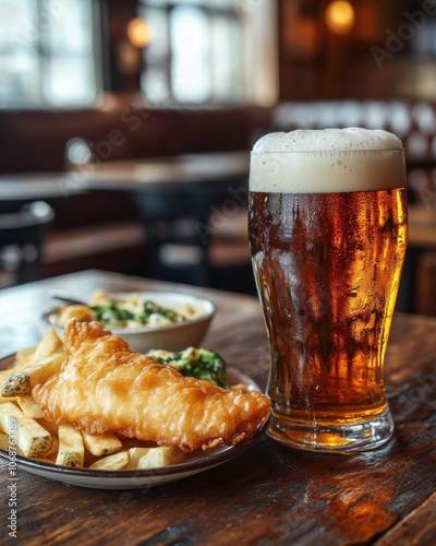 Pint of amber British Ale on rustic pub table with fish and chips, cozy English pub setting.

