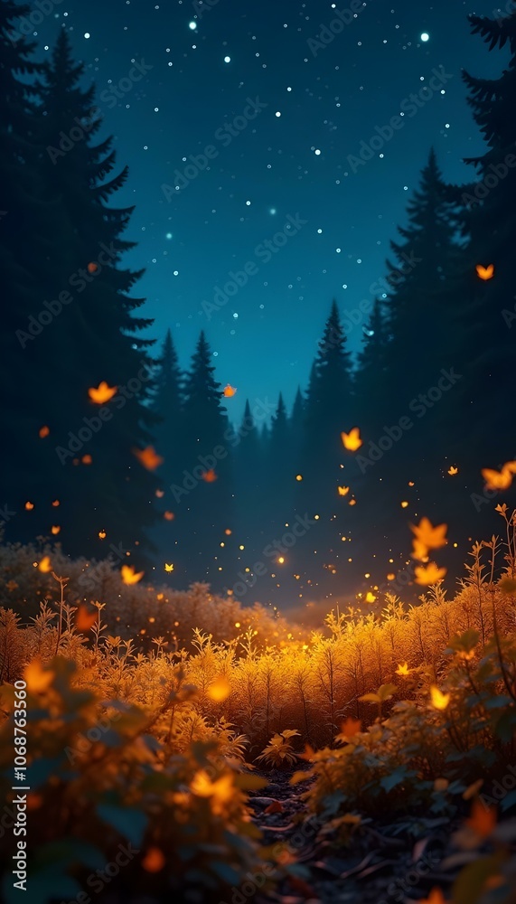 Firefly Lights at Night in Dark Forest with Glowing Plants and Falling Leaves Firefly Lights at Night in Dark Forest with Glowing Plants and Falling Leaves