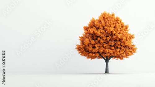 Single autumn tree with vibrant orange leaves against a plain white background, illustrating the concept of change and nature in minimalistic style