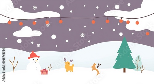 A snowy winter landscape with a snowman, deer, rabbit, and a Christmas tree.