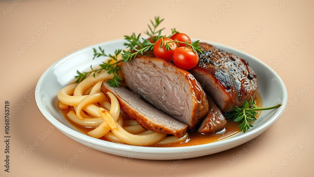 Traditional braised marinated German Sauerbraten dish from beef with spicy brown sauce Traditional braised marinated German Sauerbraten dish from beef with spicy brown sauce