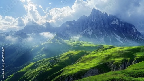 A breathtaking view of a mountain range with rolling green hills and clouds illuminated by the sun.