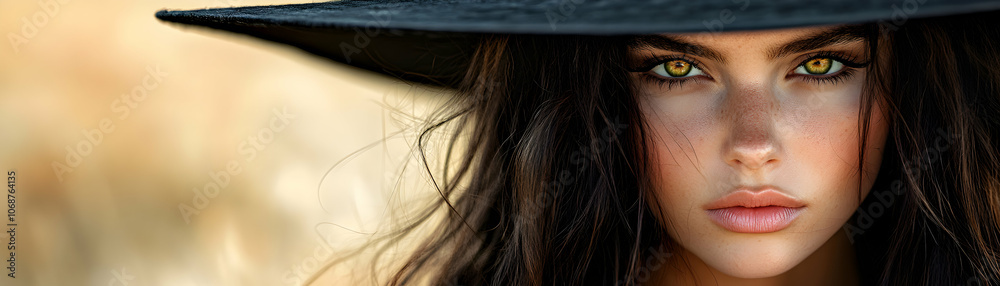 A Close-Up Portrait of a Woman Wearing a Wide-Brimmed Hat, Her Green Eyes Gazing Directly at the Camera, with Soft Makeup and Light-Colored Skin. A Close-Up Portrait of a Woman Wearing a Wide-Brimmed Hat, Her Green Eyes Gazing Directly at the Camera, with Soft Makeup and Light-Colored Skin.