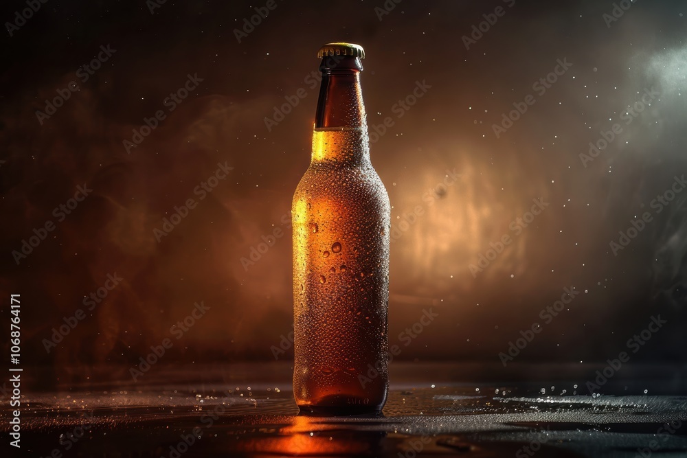 Frosty beer bottle illuminated against a dark, moody background with condensation Frosty beer bottle illuminated against a dark, moody background with condensation