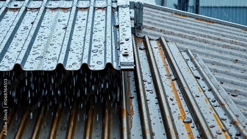 Rainfall on a corrugated metal roof in an industrial setting, wet surface, metal sheets Rainfall on a corrugated metal roof in an industrial setting, wet surface, metal sheets