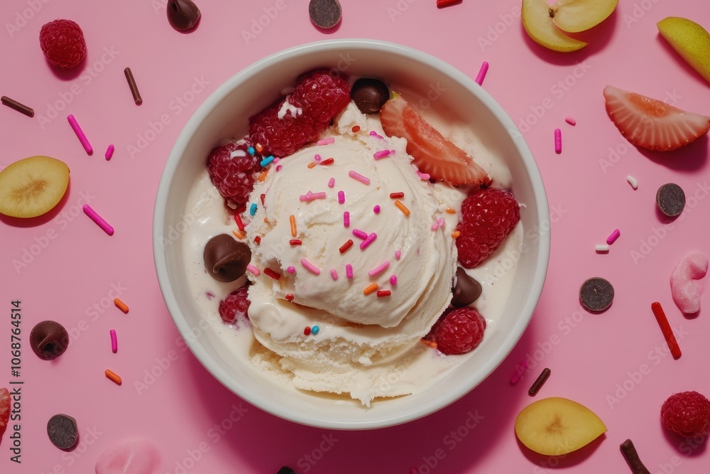 Fototapeta premium A creative flat lay of various ice cream toppings, including sprinkles, chocolate chips, and fruit, around a bowl of vanilla ice cream.