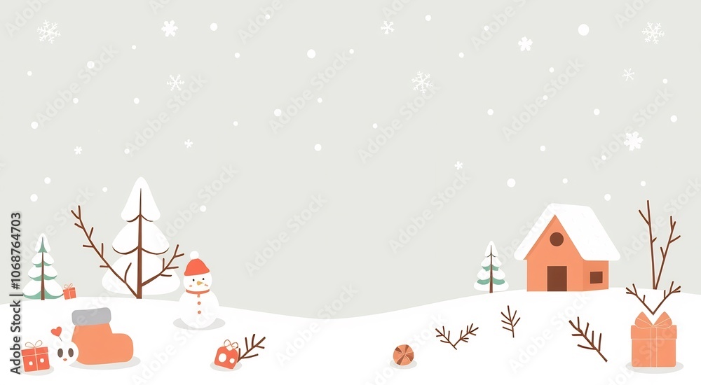 A cute snowman and a cozy cabin in a snowy winter landscape. A cute snowman and a cozy cabin in a snowy winter landscape.