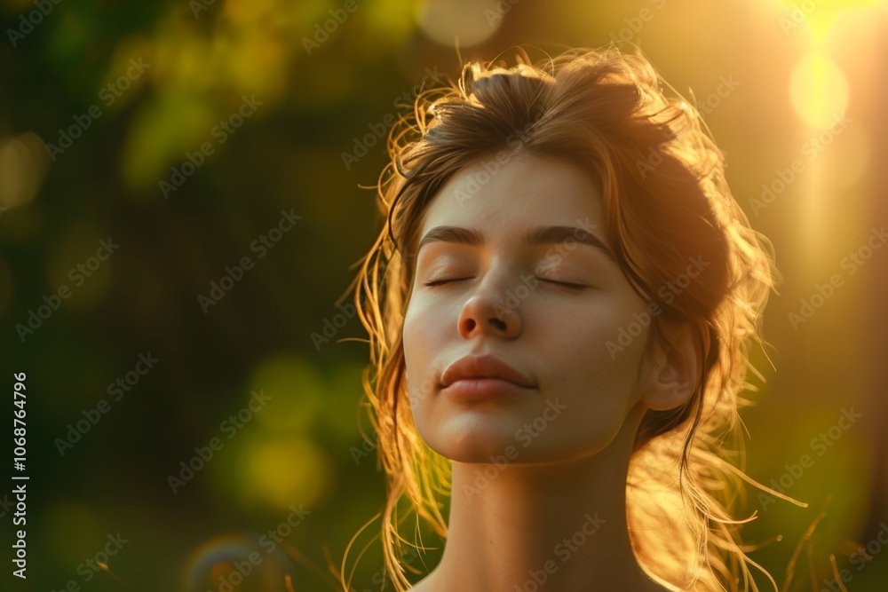 Young woman enjoys a moment of tranquility while taking a deep breath of fresh air during golden hour in a lush outdoor setting Young woman enjoys a moment of tranquility while taking a deep breath of fresh air during golden hour in a lush outdoor setting