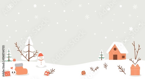 A cute snowman and a cozy cabin in a snowy winter landscape.