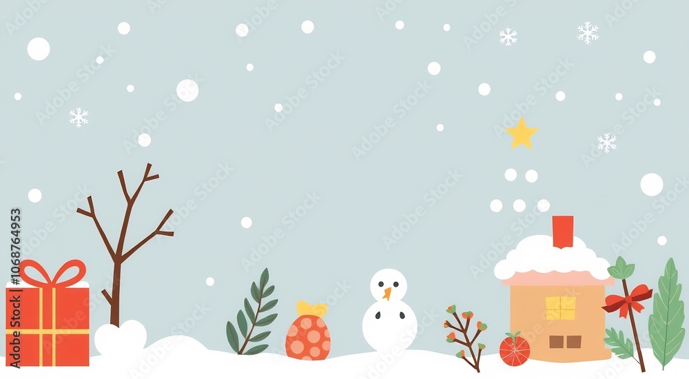 A snowy winter scene with a small house, a snowman, a gift, and a star in the sky. A snowy winter scene with a small house, a snowman, a gift, and a star in the sky.