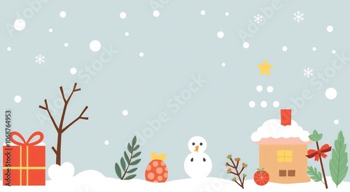 A snowy winter scene with a small house, a snowman, a gift, and a star in the sky.