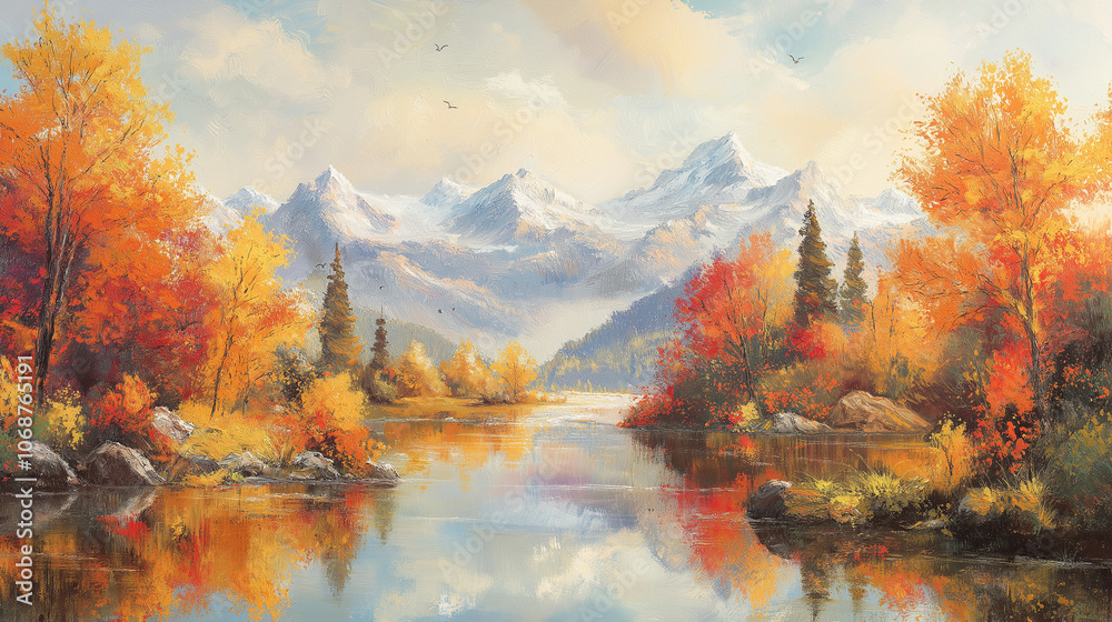 Naklejka premium Autumn Serenity: Majestic mountain reflections in a tranquil lake, surrounded by vibrant fall foliage. A picturesque landscape painting evoking peace and natural beauty. 