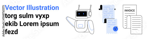 Robot manages and verifies documents, including invoices and receipts, with a checkmark. Ideal for financial apps, automation, productivity tools, administrative tasks, futuristic themes, tech blogs