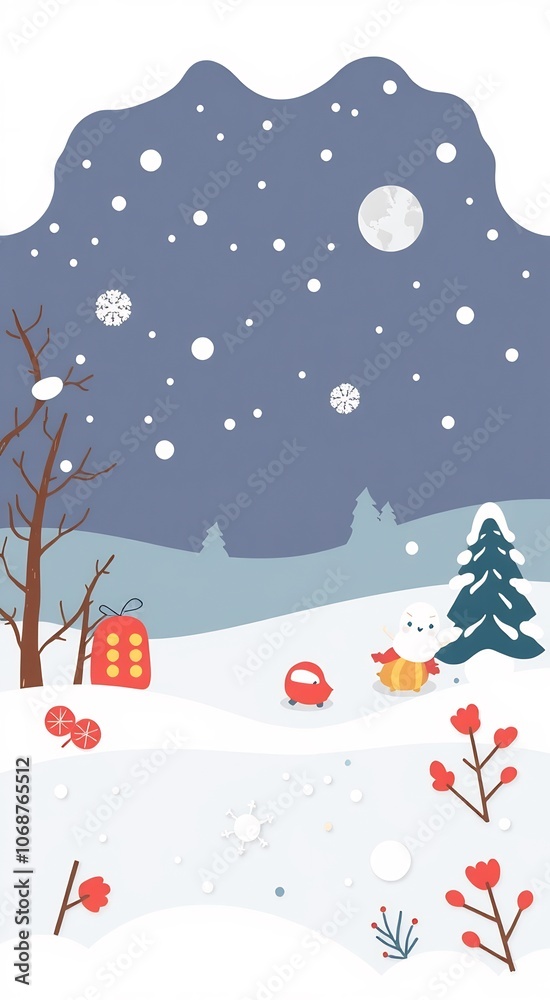 A whimsical winter scene with a snowman, car, and presents, set against a snowy landscape and a night sky. A whimsical winter scene with a snowman, car, and presents, set against a snowy landscape and a night sky.