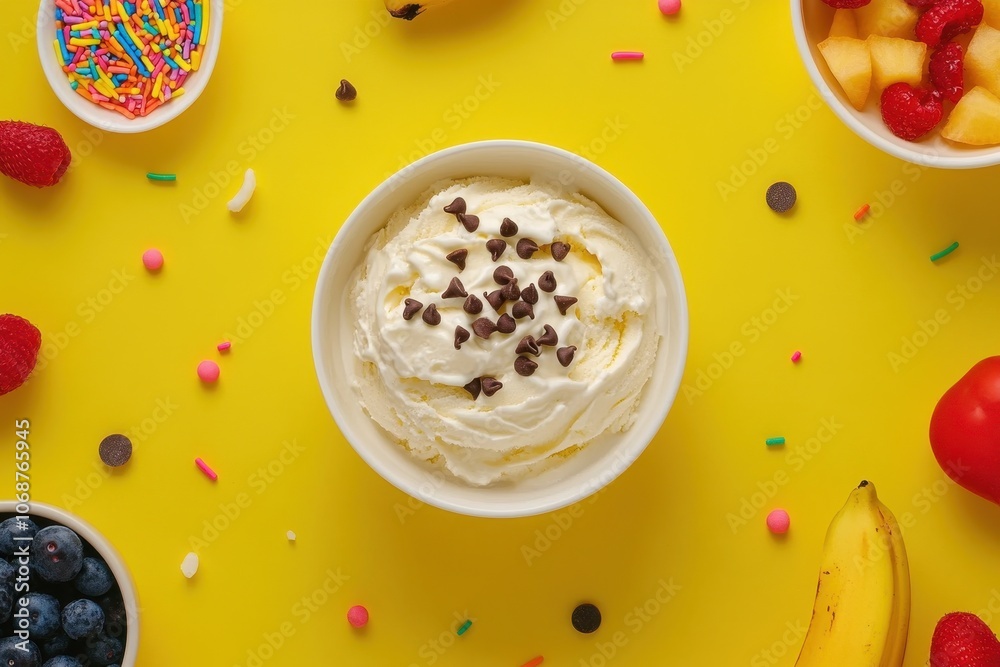 A creative flat lay of various ice cream toppings, including sprinkles, chocolate chips, and fruit, around a bowl of vanilla ice cream. A creative flat lay of various ice cream toppings, including sprinkles, chocolate chips, and fruit, around a bowl of vanilla ice cream.