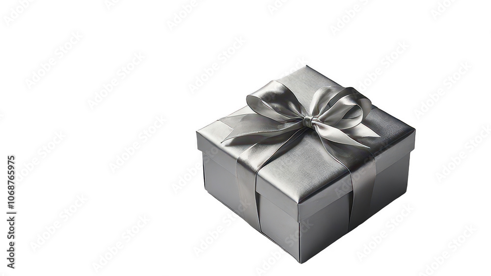 Fototapeta premium Silver gift box with silver ribbon, on white background, PNG, transparent, isolated, on transparent background, no background