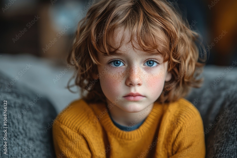 Portrait of cute ginger boy with freckles looking serious Portrait of cute ginger boy with freckles looking serious