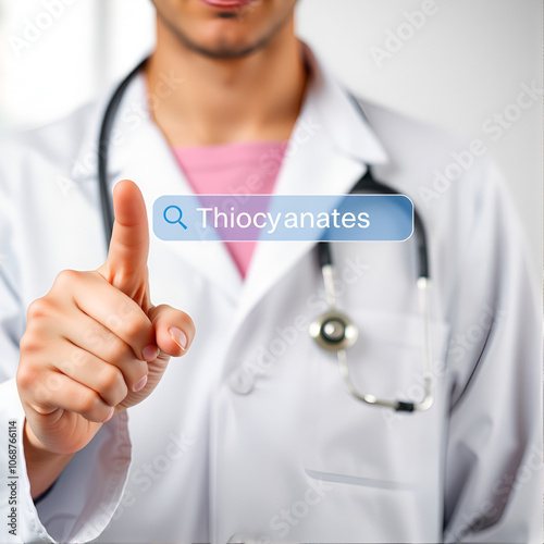 Thiocyanates. Doctor in smock points with his finger to a search box. The term Thiocyanates is in focus. Symbol for illness, health, medicine photo