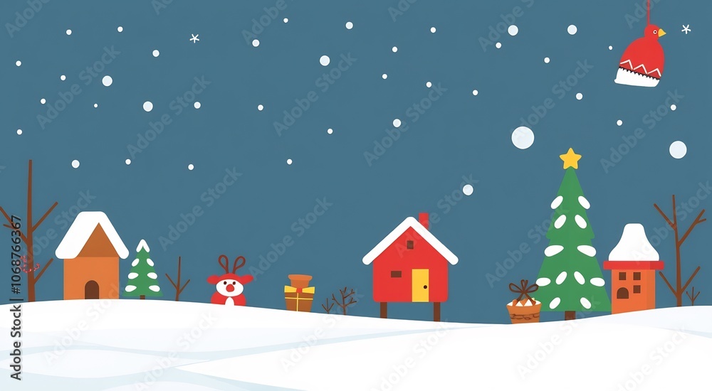 Snowing in a winter wonderland with a Christmas tree, houses, and a reindeer.
