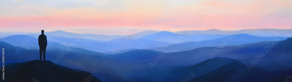 Fototapeta premium A silhouette of an individual standing on top of a mountain, overlooking vast landscapes at sunset