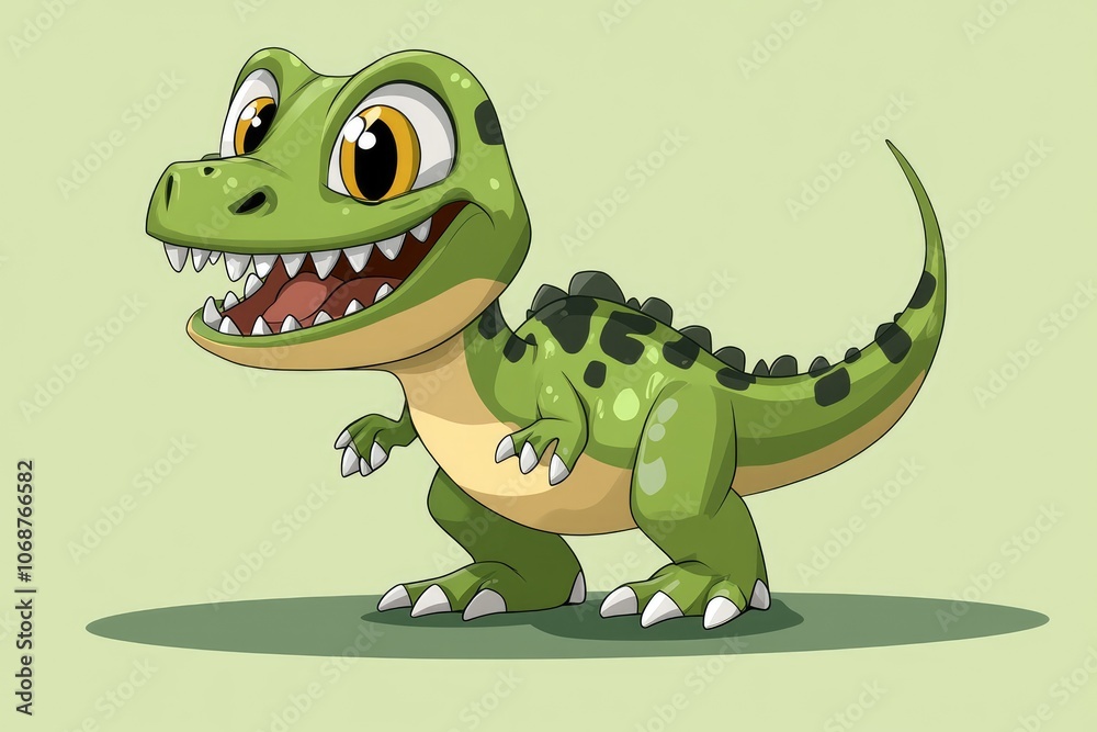 Naklejka premium Cute green baby tyrannosaurus rex dinosaur smiling and walking