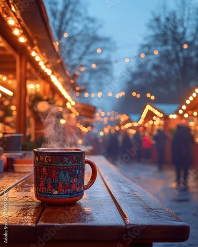 Steaming mug of German Glühwein on wooden stall counter at Christmas market, with festive lights and decorations.

