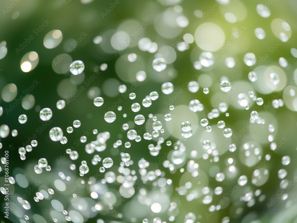 Tiny water spheres dancing in the morning air, transparent droplets, magical moment Tiny water spheres dancing in the morning air, transparent droplets, magical moment