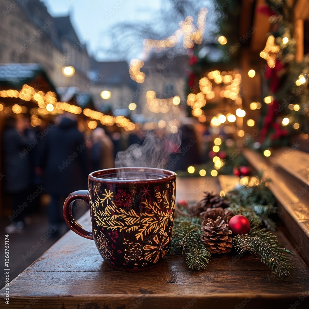 Steaming mug of German Glühwein on wooden stall counter at Christmas market, with festive lights and decorations.