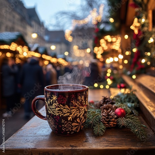 Obraz na płótnie Steaming mug of German Glühwein on wooden stall counter at Christmas market, with festive lights and decorations.
w salonie