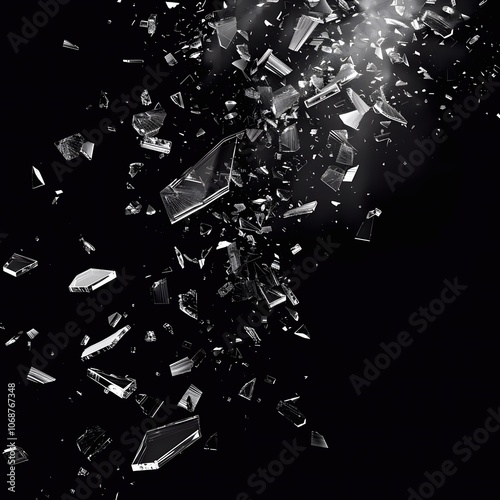 Shattered and broken glass shards flying through the air after crush broken on a black background.