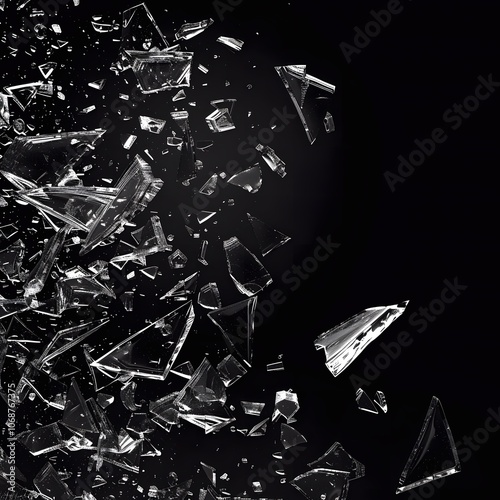 Shattered and broken glass shards flying through the air after crush broken on a black background.